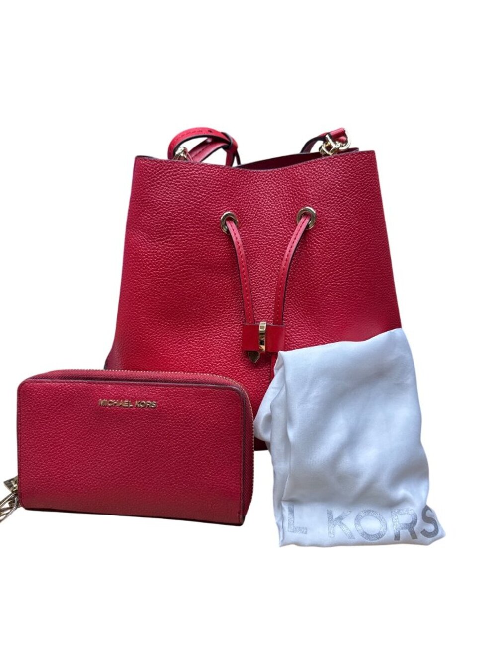 Michael Kors Red Pebbled Leather Bucket Bag Purse Wallet Set Dust Bag Gift NEW